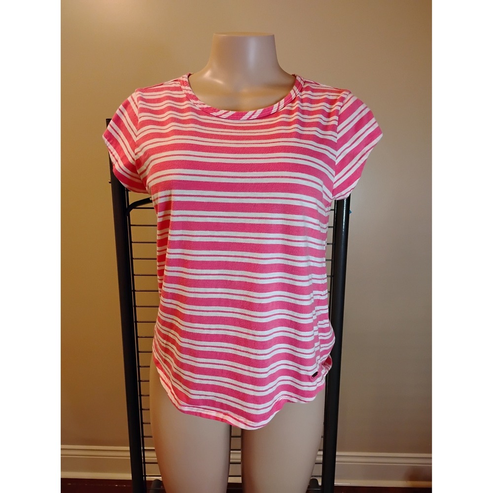 Nautica Pink White Striped Short Sleeve Keyhole Back Top Womens‎ Medium